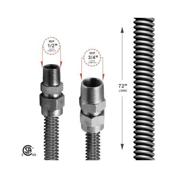 Gas Line Hose 5/8'' O.D. X 72'' Length 1/2 X 3/4 MIP Fittings, Stainless Steel Flexible Connector